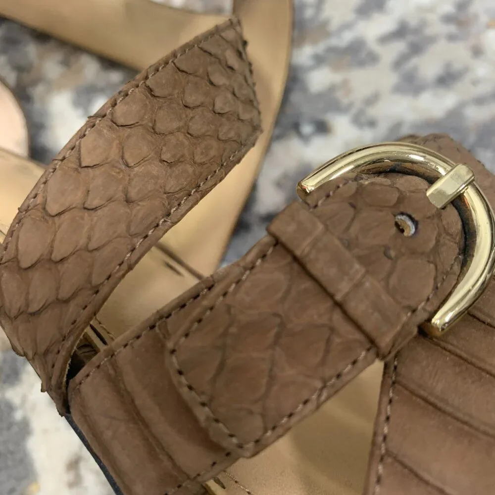 COACH Fawn Strappy Sandals Stiletto Heel Brown Snakeskin Print Leather Sz 9.5 B